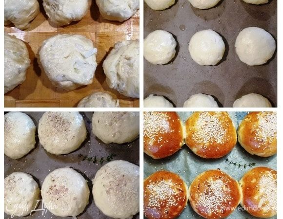 Готовим булочки. Подошедшее тесто делим на равные части. Формируем круглые заготовки. Выкладываем их на противень и оставляем минут на 15. Подросшие булочки смазываем желтком, по желанию, посыпаем кунжутом и крупной морской солью. Выпекаем в духовке при 200⁰С в течение 20 минут. Булочки готовы.