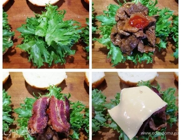 Разрезаем булочку, выкладываем листья салата, говядину, соус барбекю, бекон, пластинку сыра.