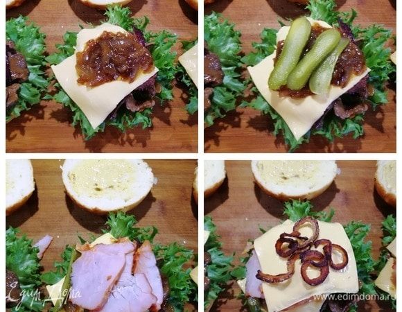 Далее карамелизированный лук, огурчик, копченое мясо, пластинку сыра и чипсы из шкурки бекона. Верхнюю часть булочки смазываем дижонской горчицей и накрываем всю конструкцию.