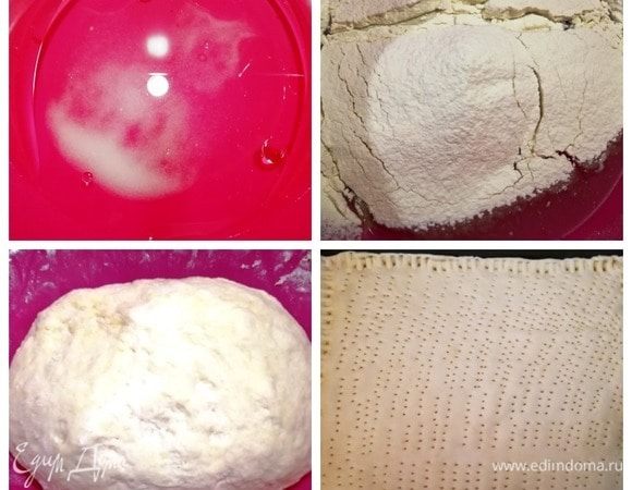 Делаем тесто для пиццы. В теплой воде растворяем соль, добавляем оливковое масло и постепенно вводим муку. Тесто готово. Тонко раскатываем его по размеру противня. Часто накалываем, чтобы не вздулось при выпечке. Отправляем противень в духовку на 20 минут, температура — 180⁰С.