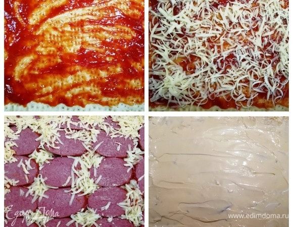 На слегка остывшую основу наносим кетчуп, посыпаем сыром, затем колбаса. Расстояние между колбасой посыпаем сыром, чтобы поверхность теста получилась ровнее. Промазываем верх пиццы майонезом. Отправляем обратно в духовку на 10 минут.