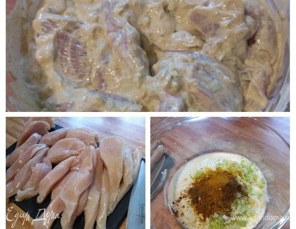 Чеснок и имбирь мелко-мелко порубить или натереть на терке. Смешать с йогуртом, соком лайма и смесью специй. Куриное филе нарезать на широкие полоски, смешать с маринадом. Миску затянуть пленкой и поставить в холодильник на 4 часа мариноваться.