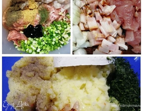 Подготавливаем начинки. Для мясной начинки смешиваем фарш с нарезанными креветками, луком и специями, перемешиваем. Куриную начинку я готовлю из филе, копченых свиных щечек и лука. Просто выкладываю все в измельчитель и прокручиваю. Для картофельной начинки лук обжарить в небольшом количестве растительного масла и растопить в нем сливочное масло. Смешать толченый картофель, лук, сыр, укроп и специи. Перемешать.