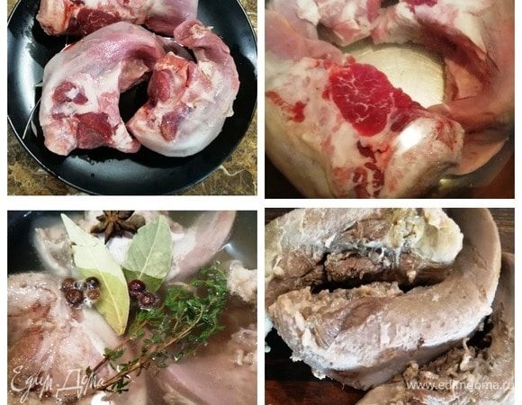 Свиной язык промоем. Зальем холодной водой, доведем до кипения. Уменьшаем огонь на минимум и варим язык 1,5 часа, периодически снимая пену. По прошествии времени добавляем тимьян, лавровый лист, анис, соль и перец. Варим язык еще 30 минут. Затем вынимаем языки по очереди и опускаем в ледяную воду. Снимаем кожу с языка.