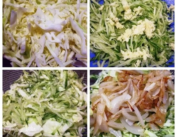 Капусту тонко нашинкуем и солим. Хорошо мнем руками. Огурцы натрем на терке для корейской моркови, натрем чеснок. Огурцы и чеснок перемешаем, посолим. Перекладываем в сито, чтобы лишняя жидкость стекла. Половину капусты добавляем к огурцам и перемешиваем. Половинку луковицы обжариваем в кунжутном масле и горячей добавляем к огуречно-капустной смеси. Первая составляющая супа готова.