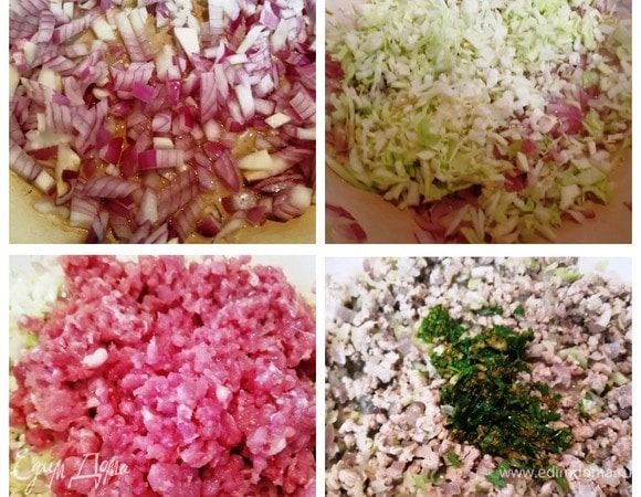 В раскаленном масле быстро обжариваем репчатый лук, добавим к нему капусту, обжариваем недолго. Добавляем фарш, обжариваем до его готовности. Добавляем все специи, петрушку, чеснок. Перемешиваем.