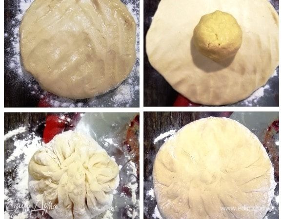 Пресное тесто формируем руками в круглую лепешку. В центр круга кладем шарик масляного теста. Поднимаем края и защипываем тесто. Расплющиваем его.