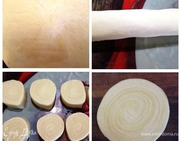 Раскатываем получившуюся заготовку. С короткого края сворачиваем в тугой рулет. Еще раз раскатываем и формируем рулет уже с длинного края. Нарезаем рулет на одинаковые заготовки. Ладошкой приминаем заготовку. Тесто очень податливое, с ним легко работать.