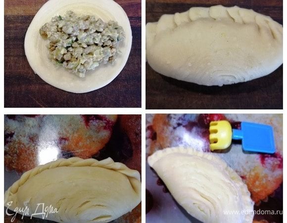 В центр заготовки кладем начинку. Формируем по желанию или как умеем. Мне проще всего оказалось просто свернуть пополам и пройтись по краям вилочкой (в моем случае — грабелька, которая лет сто назад шла в подарок к йогурту).