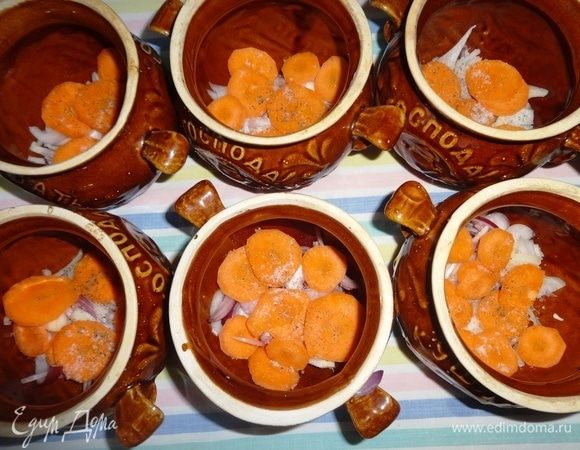 Выложить слой моркови, немного посолить, поперчить.