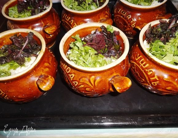 Накрыть горшочки крышками и выставить на противень. Противень с горшками поставить в холодную духовку, нагреть ее до 180°C и от этого времени отсчитать 35–40 мин.