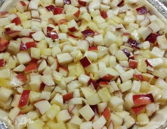 Тесто раскатать и распределить по форме для выпечки, сделать вилкой проколы, чтобы в дальнейшем тесто при выпечке поднялось равномерно. Переложить начинку.