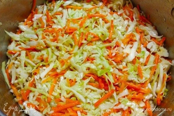 Капусту и морковь почистить, промыть под проточной водой. Капусту нашинковать, морковь натереть на крупной терке. Смешать овощи, слегка помять, не нужно сильно, чтобы остался хрустящий вкус капусты, добавить соль, чеснок. Залить горячим маринадом. Сверху капусты поставить гнет.