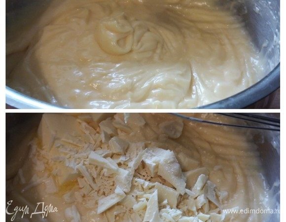 Перелить смесь обратно в кастрюлю и на медленном огне довести до загустения. Это продлится пару минут, но помешивать необходимо постоянно. Когда крем загустеет, добавить масло и колотый шоколад. Тщательно перемешать до полного растворения.