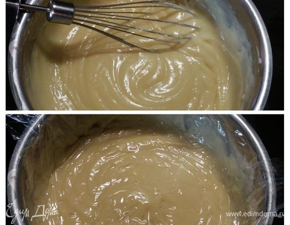 Заварной крем-пудинг готов. Его нужно накрыть пищевой пленкой контактным способом (по поверхности крема) и полностью остудить.