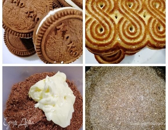 Для основы можете взять любое сахарное печенье. У меня шоколадное и сливочное. Измельчаем печенье в крошку. Добавляем сливочное масло комнатной температуры. Хорошо перемешиваем и утрамбовываем в покрытую пергаментом разъемную форму. Убираем форму с основой в холодильник, пока готовим начинку.