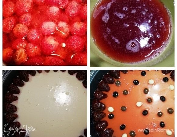 Готовим верхний слой. Ягоды клубники засыпаем сахаром, провариваем несколько минут. Процеживаем сироп, добавляем подготовленный ванилин. Можете взять готовое желе. По кругу чизкейка укладываем половинки ягод. В начинку я положила красную клубнику, а украшала другим сортом ягод — черной (она менее водянистая). Аккуратно наносим желе поверх ягод и по всей поверхности торта. Украсить можете по желанию. Я выложила зерна кофе в шоколаде.