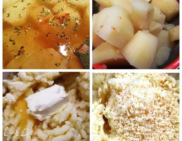 Картофель отварим в подсоленной воде со специями. Немного обсушим, растолчем его, добавим яйцо и сливочное масло. Перемешаем, добавим натертый сыр. Еще раз хорошо перемешаем.