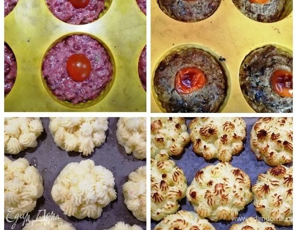 Выложим печеночную массу в форму для кексов. Сверху украсим их половинкой помидора черри. Картофельную массу перекладываем в кондитерский мешок и (как умеем) отсаживаем на противень. Кексы и картофель выпекаются 25 минут при 180°C. Можете выпекать их вместе или по отдельности.