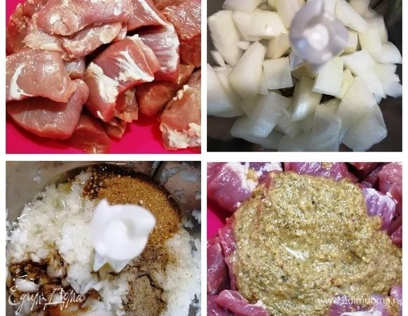 Начинаем с приготовления мяса для шашлыка. Свиную вырезку моем, удаляем все прожилки и пленки. Нарезаем довольно крупными кусками (у меня ширина куска — 4,5–5 см). В процессоре измельчаем лук. Добавляем к нему оливковое масло, соевый соус, приправы для шашлыка. Соль и перец возьмите по вкусу. Щепотку сахара я всегда добавляю в мясо, он усиливает вкус. Еще раз все смешиваем в процессоре, получилась луковая ароматная кашица. Смешиваем свиную вырезку и маринад. Пусть пока маринуется, пока мы готовим остальные закуски.