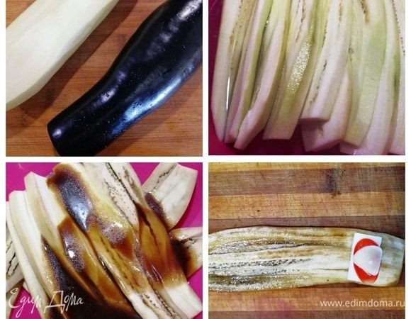 Готовим закуску из баклажанов. Баклажаны моем, снимаем кожуру. Нарезаем тонкими ломтиками. Далее я просто заливаю баклажаны кипятком и оставляю на 10 минут. Если их поджарить на сковороде, получится вкуснее, но намного калорийнее. Вынимаем баклажаны из воды, просушиваем и поливаем соевым соусом. Перемешиваем и оставляем на 5 минут. Затем на ломтик баклажана выкладываем кусочек сыра, дольку помидора и дольку чеснока.