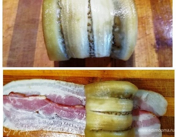 Сворачиваем рулетиком и выкладываем на полоску бекона. Сворачиваем получившийся рулет и выкладываем все заготовки в контейнер. Убираем до утра в холодильник.