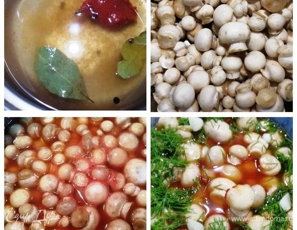 Далее по списку шампиньоны. В кастрюлю закладываем соль, перец горошком и душистый, соль, сахар, растительное масло, томатную пасту, лавровый лист и уксус. Заливаем все одним стаканом кипятка и доводим до кипения. Может показаться, что жидкости мало, но это не так. Шампиньоны выделят достаточно много воды. Маринаду даем покипеть 5 минут, закладываем в кастрюлю промытые шампиньоны. Варим на среднем огне 20 минут. Затем переливаем все в контейнер, посыпаем сверху свежим укропом и чесноком. Ну, вы поняли про холодильник, и до утра.