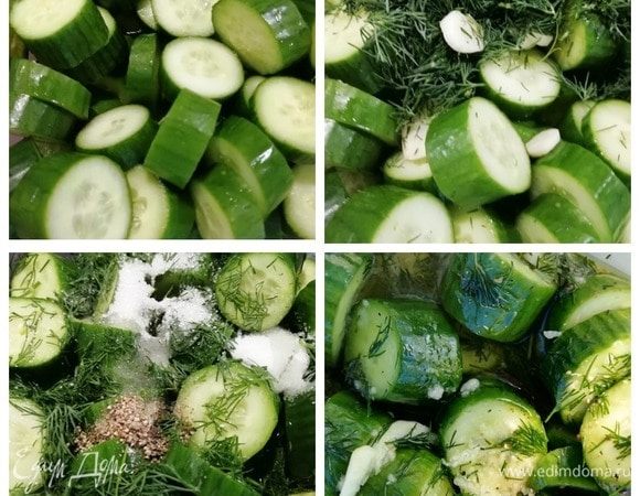 С огурцами вообще все просто. Режем их довольно крупными кольцами, укладываем сразу в контейнер. Добавляем нарезанный чеснок, соль, перец, сахар, укроп, масло растительное (в этом рецепте я добавляю ароматное нерафинированное), уксус. Накрываем контейнер крышкой, несколько раз встряхнем его и убираем к собратьям в холодильник до утра. Все, можно ложиться спать))