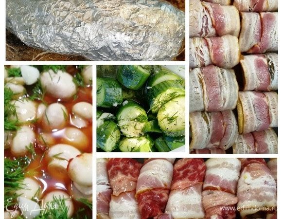 Доброе утро, дорогие отдыхающие! Проверим, все ли мы собрали. Шашлык, креветки в беконе, баклажаны в беконе, огурцы и шампиньоны. Упаковываем сумки и выезжаем.