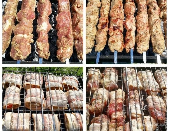 Выкладываем шпажки на хорошо прогретые угли и жарим шашлык, периодически переворачивая. Вырезка очень быстро готовится, ее важно не пересушить. Жарим около 15 минут. На решетки выкладываем баклажаны и креветки. На их приготовление уйдет порядка 20 минут.