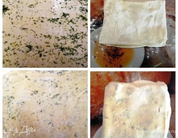 Тесто тонко раскатываем, смазываем небольшим количеством ароматного масла. Складываем вчетверо. Убираем в холодильник на 15 минут. Затем снова тонко раскатываем тесто. Смазываем маслом и складываем вчетверо. Убираем в холодильник на 15 минут.