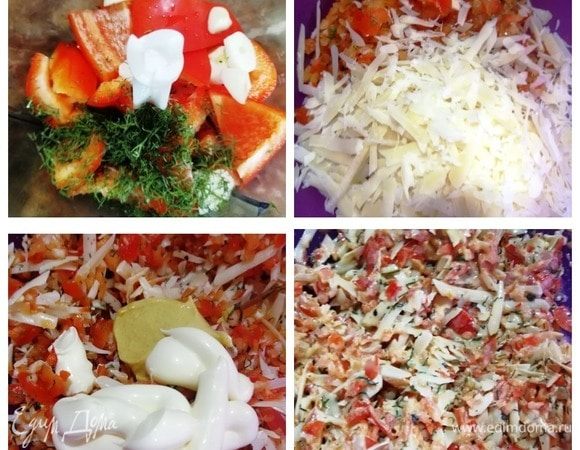 А пока подготовим начинку. Болгарский перец вместе чесноком и укропом измельчаем в процессоре, но не до кашицы. Должны остаться кусочки. Добавляем натертый сыр, майонез и горцицу. Солим по вкусу. Начинка готова.