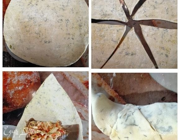 Отдохнувшее тесто раскатываем в круг. Разрезаем на 6 одинаковых сегментов. На край треугольника кладем язык с начинкой и сворачиваем рогалик. Края необходимо защипнуть.