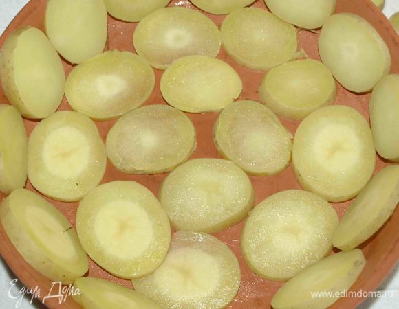 Картофель нарезать кружками. Выкладываем картофелем дно и бортики формы.