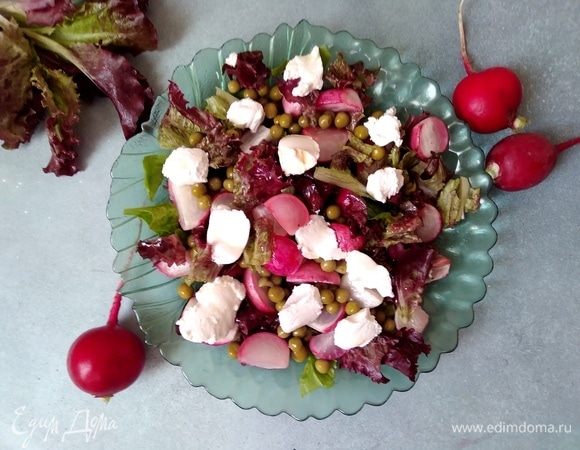 Рикотту выложить ложкой на салат, посолить и поперчить по вкусу.