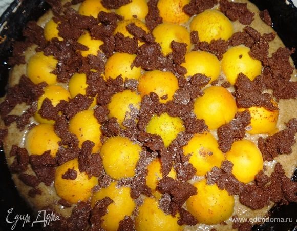 Распределить штрейзель на пироге между абрикосами. Поставить пирог в духовку, разогретую до 180°C и выпекать 35–40 мин. Вынуть форму с пирогом из духовки, дать пирогу немного остыть в форме.