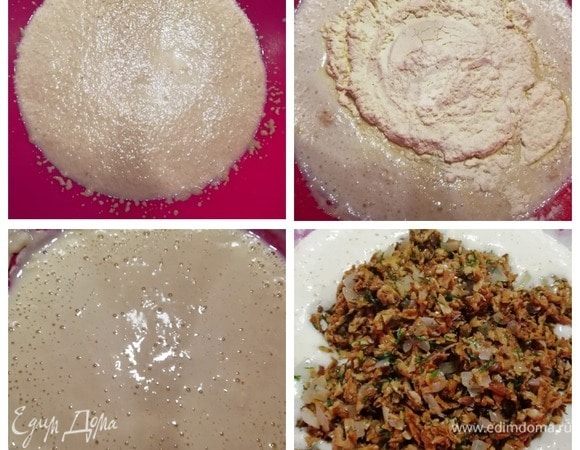 Сразу оговорюсь, количество муки даю примерное. Соотношение муки и грибов у меня получилось 1:1. В теплом молоке разводим дрожжи с 1 ч. л. сахара. Оставляем на 10 минут. Добавляем 1 стакан муки, перемешиваем, добавляем все лисички.