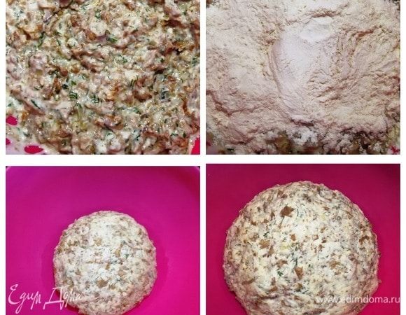 Хорошо перемешиваем лисички с дрожжевой основой и постепенно добавляем муку, замешивая тесто. Тесто должно быть очень мягким и слегка липнуть к рукам. Смазанными растительным маслом руками переносим тесто в чистую емкость и оставляем для подъема на 40 минут.