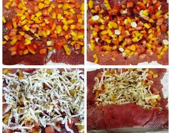 Выкладываем начинку. Кубики болгарского перца и помидора, чеснок, бруснику, посыпаем сыром, солью и перцем, прованскими травами. Вообще, можно начинку использовать любую по вкусу. При помощи фольги сворачиваем рулет и оборачиваем его в эту же фольгу.