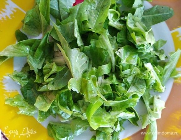 Листовой салат вымыть, высушить, порвать руками на тарелку.