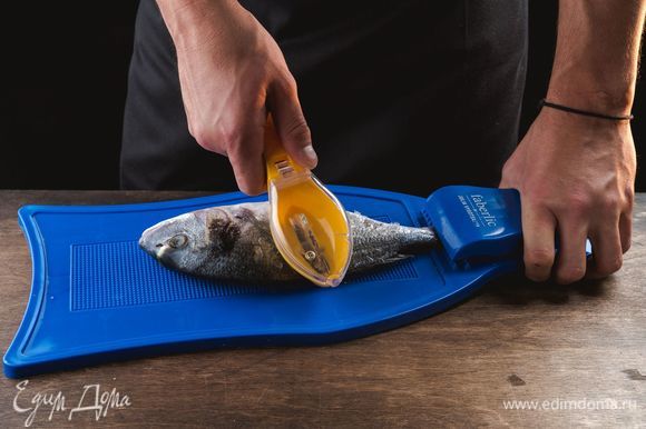 Дораду выпотрошите, удалите жабры. Положите на доску для рыбы с зажимом для хвоста Faberlic. Тугой зажим с острыми зубцами фиксирует хвост рыбы и позволяет значительно ускорить очистку чешуи. Почистите рыбу с помощью скребка для чистки рыбы Faberlic. Удобный скребок эргономичной формы значительно облегчит процесс чистки рыбы от чешуи, которая собирается в специальном контейнере и не разлетается в разные стороны, сохраняя порядок на рабочем месте на кухне.