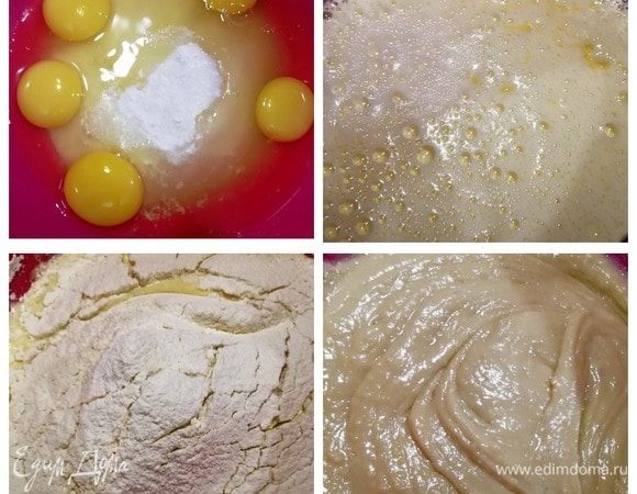Новое в нашем пироге только оформление. Остальные ингредиенты классические. В миску всыпаем сахар, разбиваем 4 яйца, у пятого отделяем белок и пока его не используем, желток добавляем к остальным яйцам. Смешиваем 5 минут при помощи миксера. Добавляем ванилин, гашеную соду, растопленное сливочное масло (маргарин) и соль. Перемешиваем и всыпаем просеянную муку. Смешиваем тесто лопаткой. Половину тесто перекладываем в отдельную емкость.