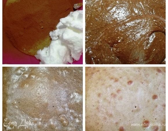 В отложенную часть теста добавляем 2 столовые ложки какао-порошка. Отложенный белок взбиваем до устойчивых пиков и аккуратно вводим в шоколадное тесто. Таким образом тесто останется воздушным, при добавлении какао оно стало гуще. Выпекаем оба вида теста по 20 минут при 180°C. У меня прямоугольные силиконовые формы.