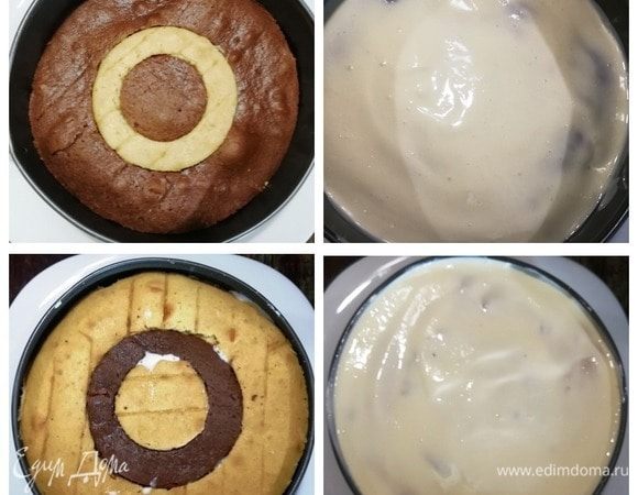 В разъемную форму, по которой обрезали коржи, выкладываем темные и светлые круги, чередуя. Затем зубочисткой делаем частые проколы в тесте, чтобы крем хорошо пропитал их. Наносим часть крема. Затем повторяем коржи и крем.