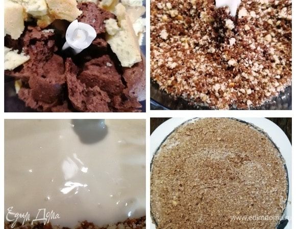 Обрезки коржей измельчаем, смешиваем с оставшимся кремом и выкладываем верхним слоем. Убираем форму с пирогом в холодильник на ночь. За это время пирог хорошо пропитается сметанным кремом.