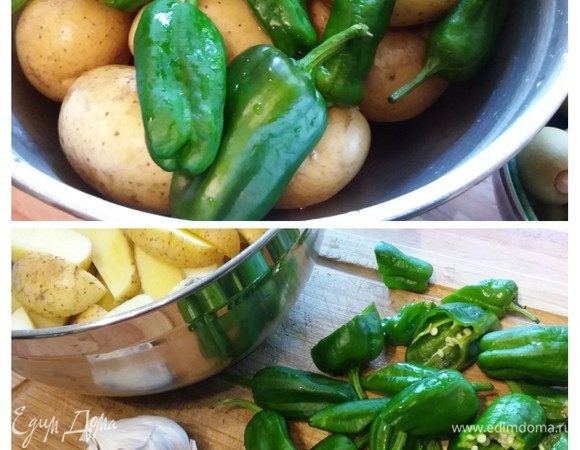 Картофель (желательно, молодой со шкуркой) тщательно помыть. Так выглядит перец падрон, сейчас он популярен и есть в продаже. Картофель нарезать на полукрупные дольки, перцы — на половину.