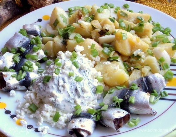 Рядом пристроить кильку или кусочки сельди.