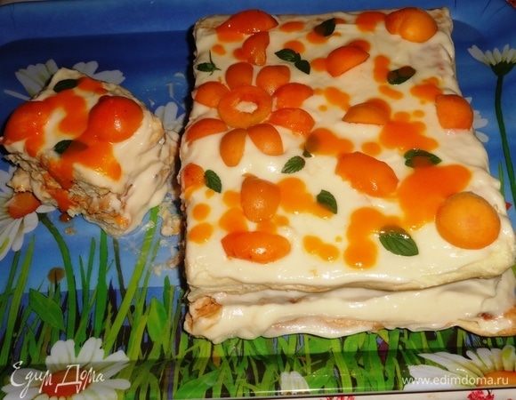 Еще я делала для торта абрикосовый соус, который не запечатлела на фото. Вернее, сняла, а потом удалила. Соус готовила так: на сковороде разогрела сливочное масло, всыпала сахар, прогрела до растворения сахара. Положила половинки абрикосов и тушила 15 мин. Затем протерла соус через сито и остудила. Соус получился слегка кисловатым, отлично гармонировал со сладким тортом.