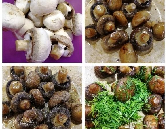 Отвариваем 7 небольших яиц (у меня С-2). Чем крупнее возьмете яйца, тем выше получится корзинка, и фарша уйдет больше, это сами решайте. Шампиньоны не промываем, они станут водянистыми! Аккуратно ножом снимаем верхний слой с гриба и очищаем ножку. Обжариваем грибы в растительном масле. Когда грибы готовы, выключаем плиту, солим и перчим шампиньоны и добавляем нарезанный укроп.