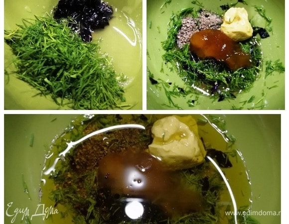 Приготовим заправку. В миску выдавим сок половины лимона, добавим укроп и нарезанный базилик. Добавим горчицу, абрикосовый джем (можете заменить медом, если любите его), черный перец. Вольем оливковое масло и бальзамический соус. Перемешаем и по вкусу посолим.